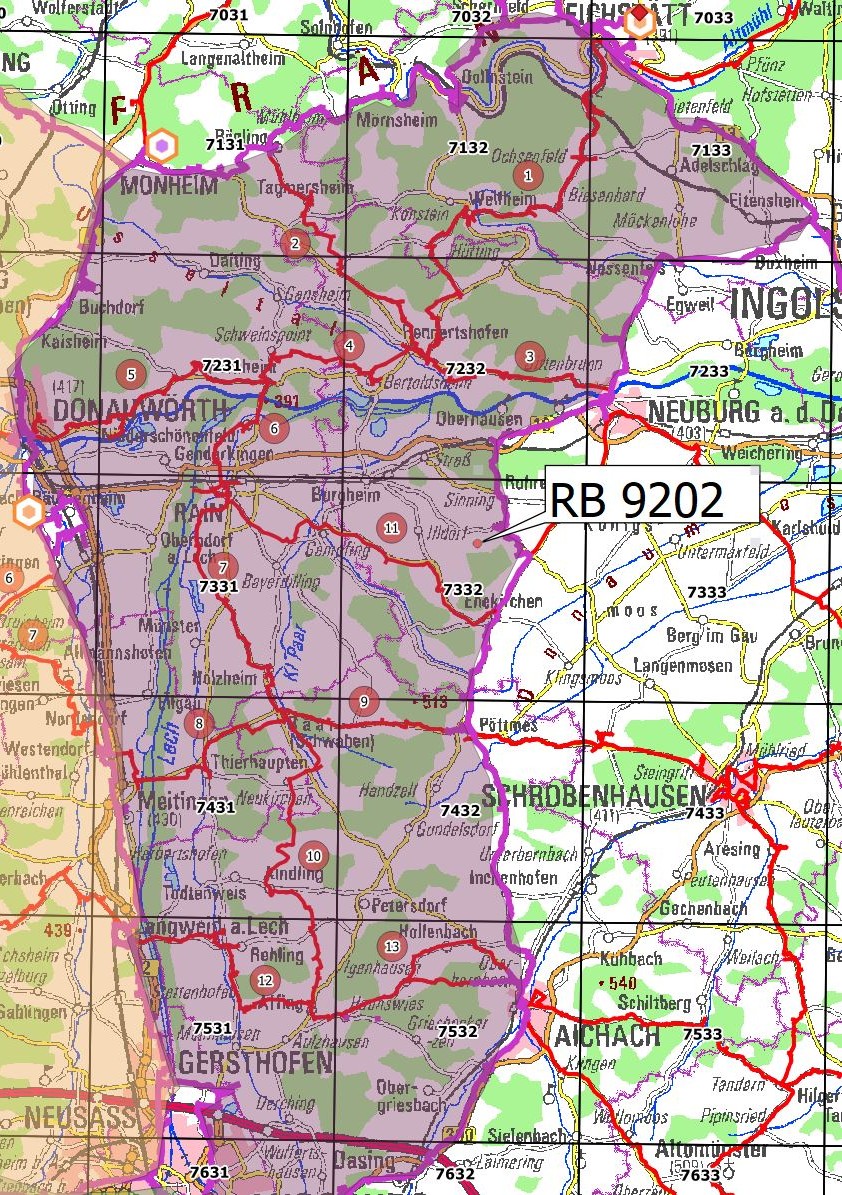 Karte zu geplanten Höhenmessungen (Nivellements) im Jahr 2026 im westlichen Landkreis Ingolstadt